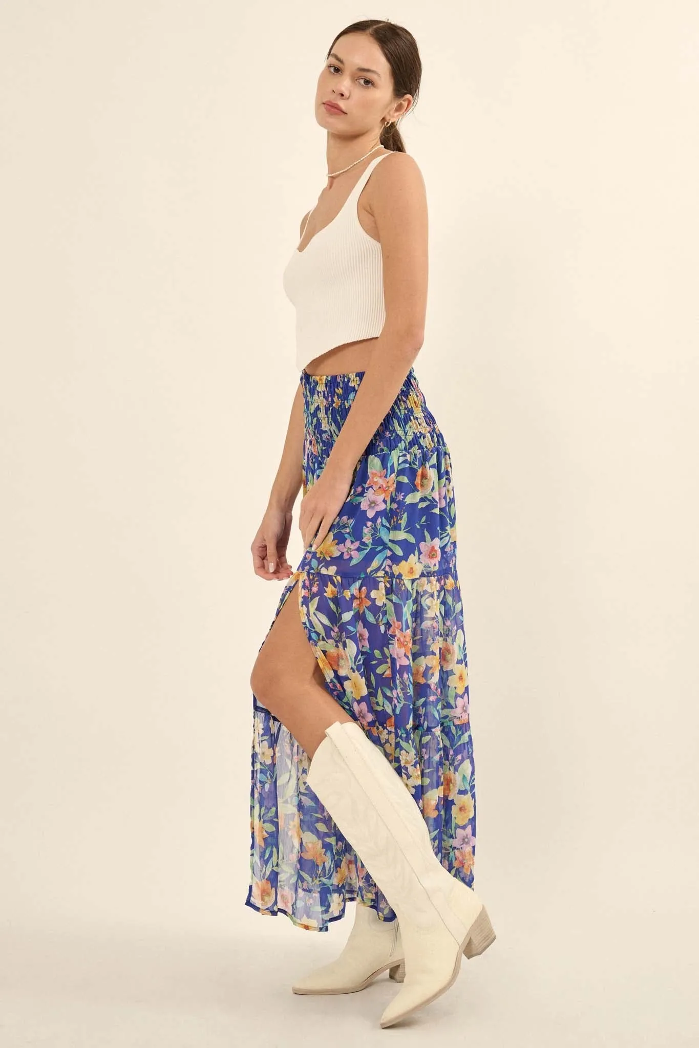 Bahama Mama Floral Chiffon Tiered Maxi Skirt