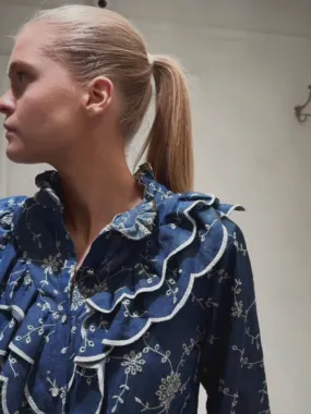 DENIM SHIRT WITH BRODERIE DETAIL - BLUE